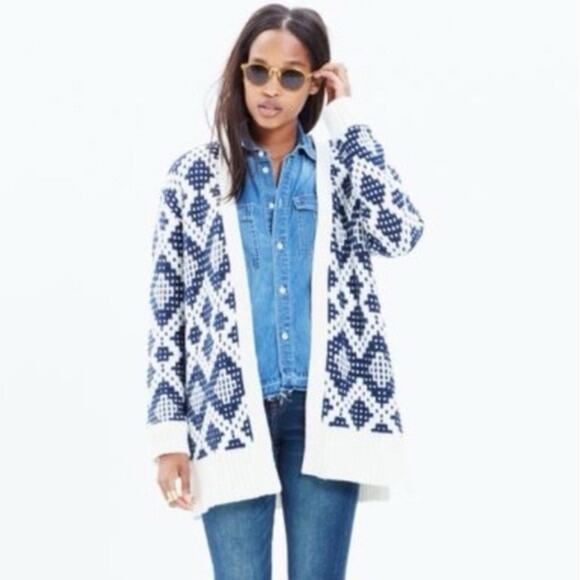 Madewell Contrast Fair Isle Oversized Cardigan Sweater Navy Ivory - Picture 1 of 6